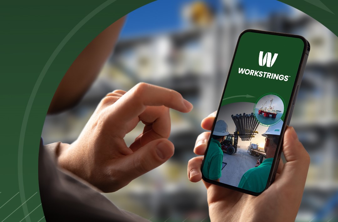 Over shoulder view of Workstrings app display on phone screens