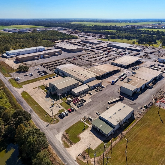 An aerial view of Workstrings Warehouses filled with downhole equipment