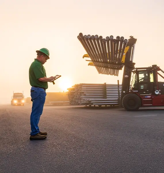A Workstrings worker making notes on his tablet while a forklift carries downhole tubulars