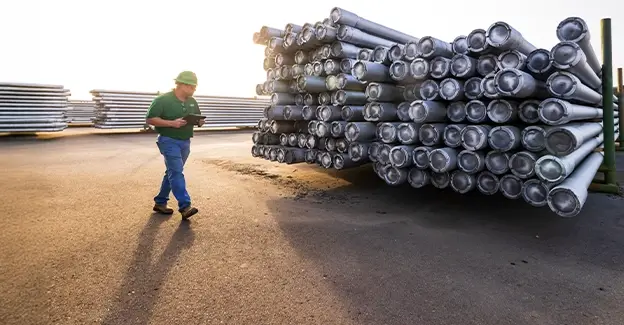 A Workstrings worker walking by a huge stack of downhole tubulars, taking inventory