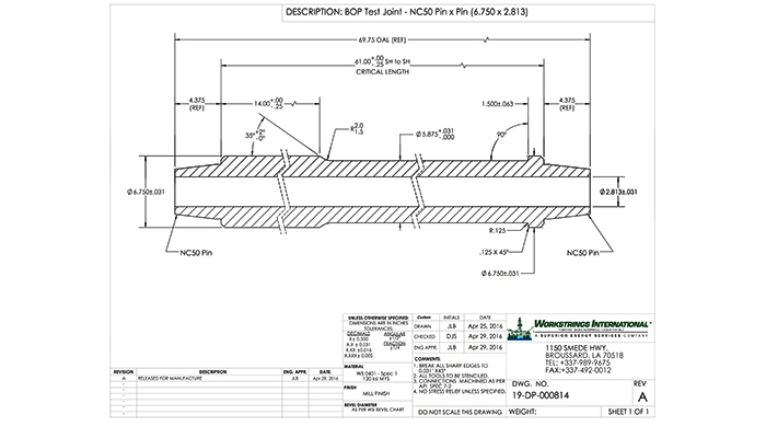 Schmetics for a custom BOP test joints from Workstrings International