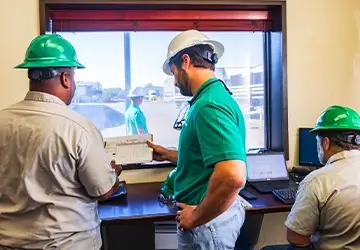 Workstrings workers looking over documents by a window